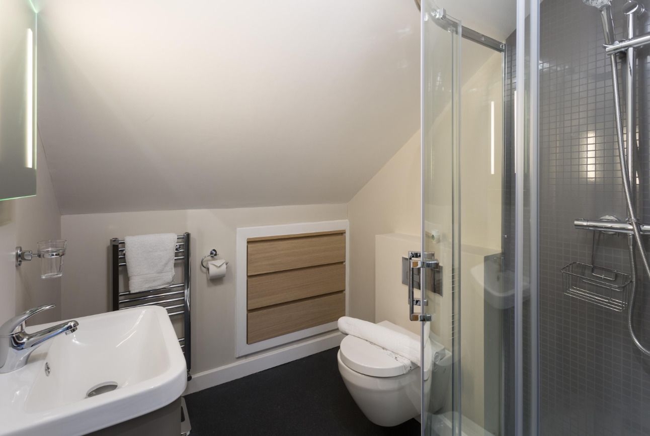 A modern bathroom with a glass-enclosed shower, a white sink, and a toilet with a wooden panel.