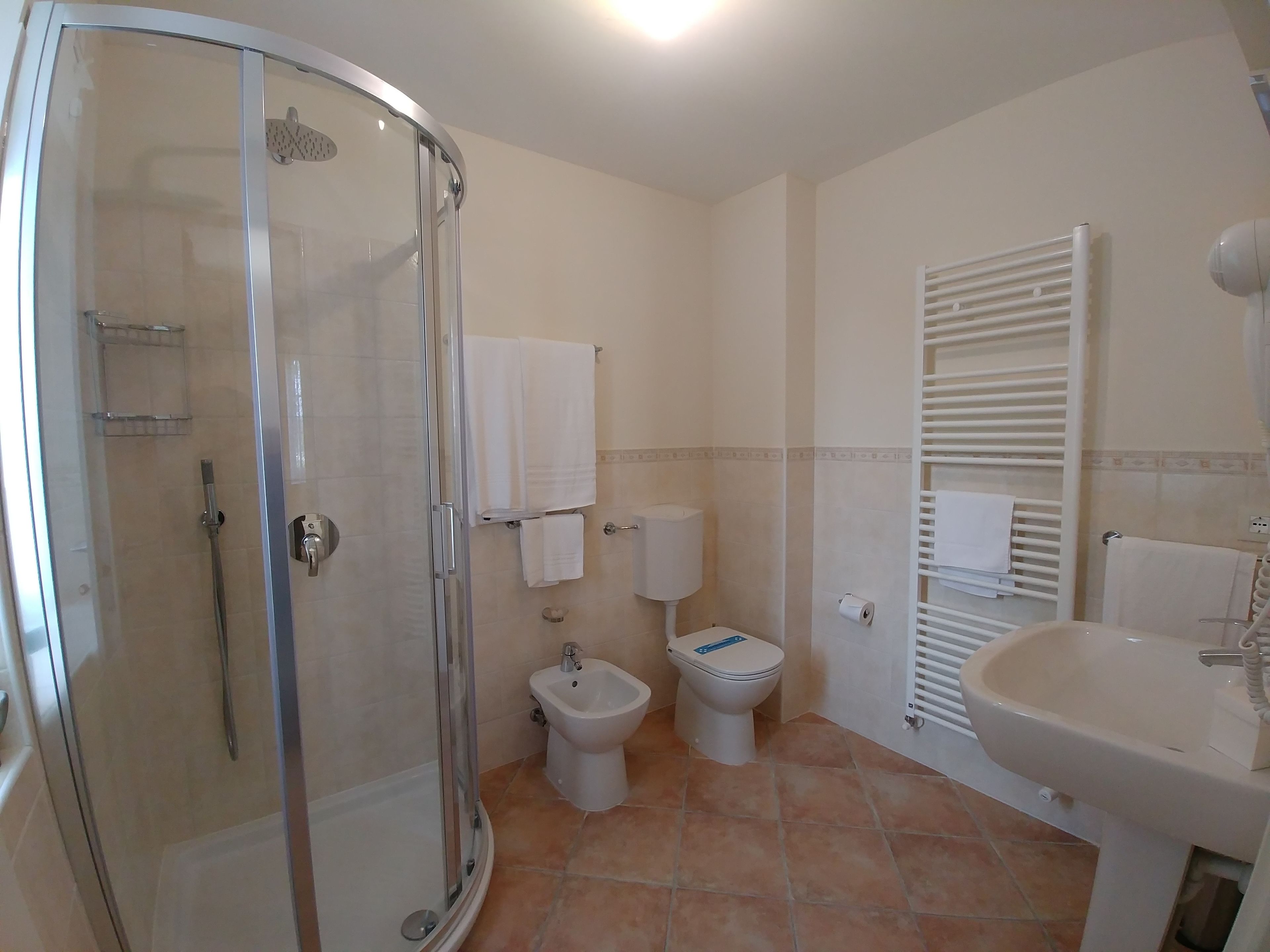 A bathroom with a glass-enclosed shower, a toilet, and a sink.