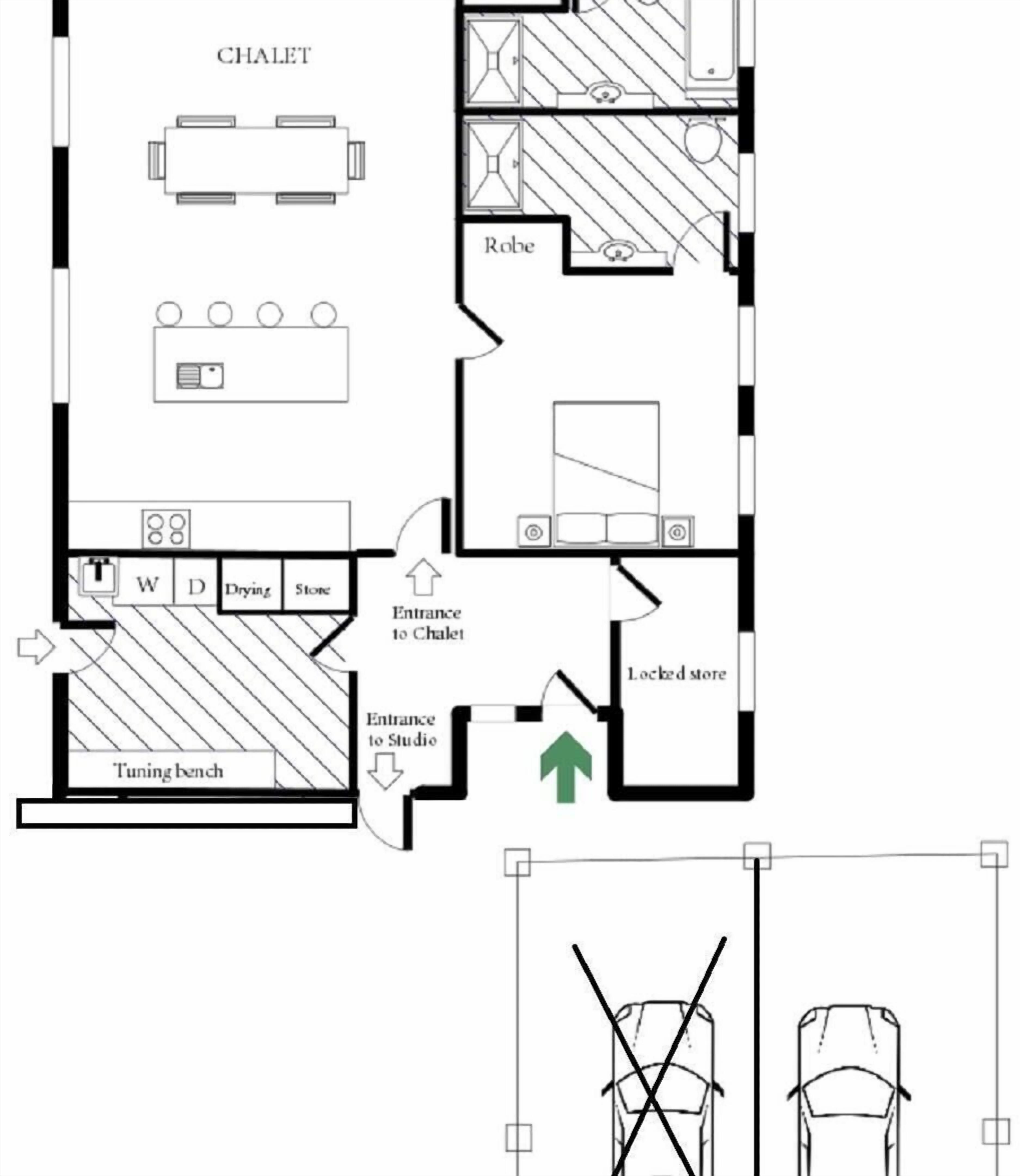 Un plan d’étage d’un hôtel comprenant une salle à manger, un vestiaire, un espace de stockage fermé à clé, un atelier d’accordage et un studio.