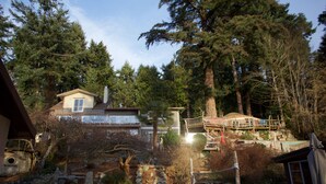 Une maison dotée d’une grande terrasse, entourée d’une forêt dense.