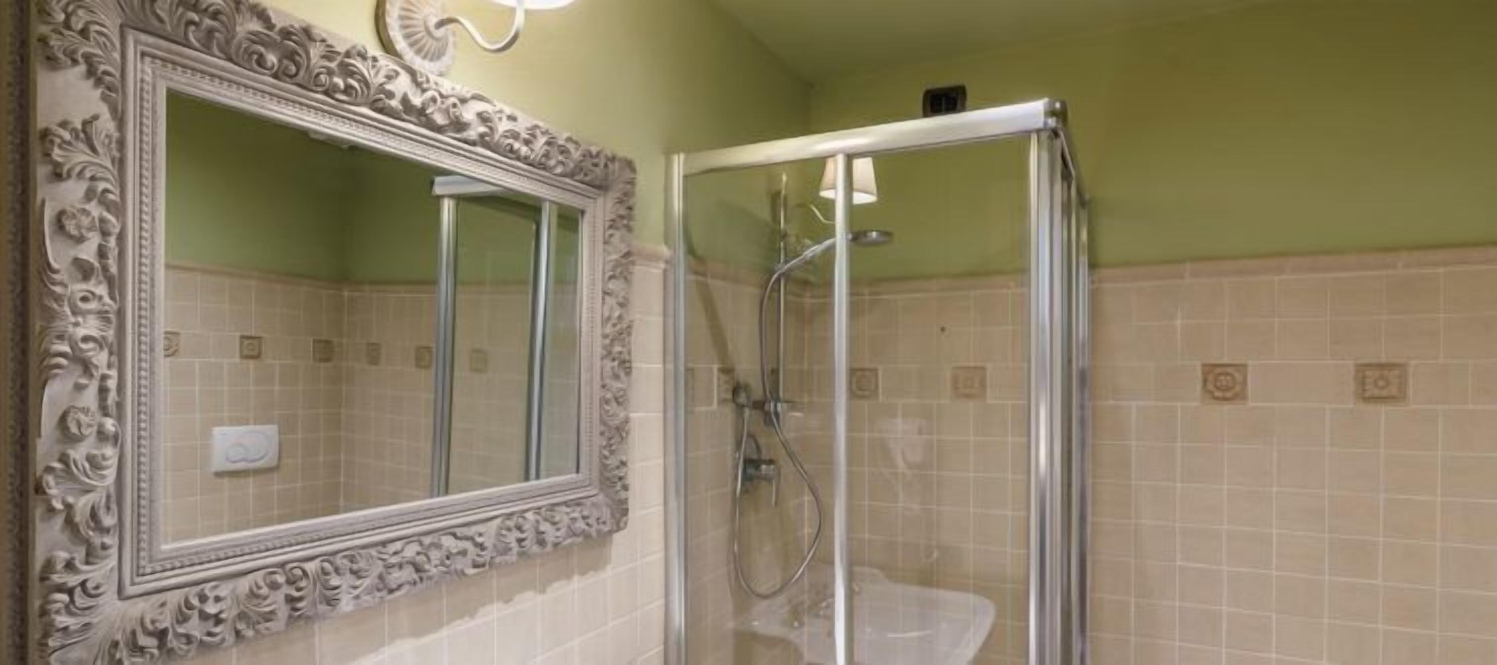 A bathroom with a shower, a sink, and a mirror with an ornate frame.
