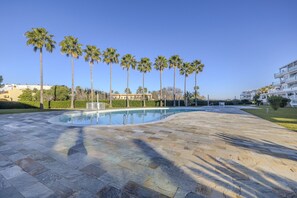 A swimming pool with palm trees, a paved deck, and modern buildings in the background.