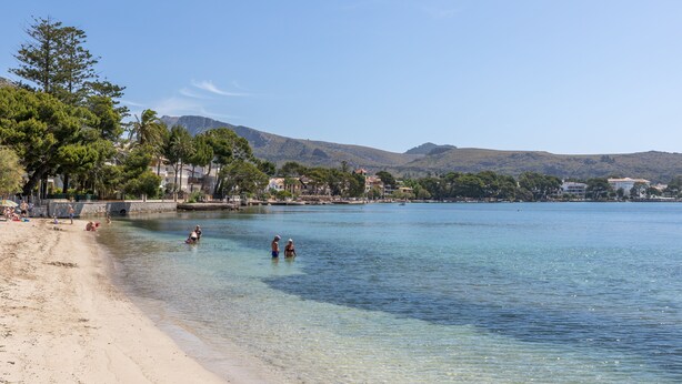 A beach with clear water, people swimming, and buildings in the background. - Family friendly apartment with pool, close to all amenities and the Pinewalk.  (Pollensa)