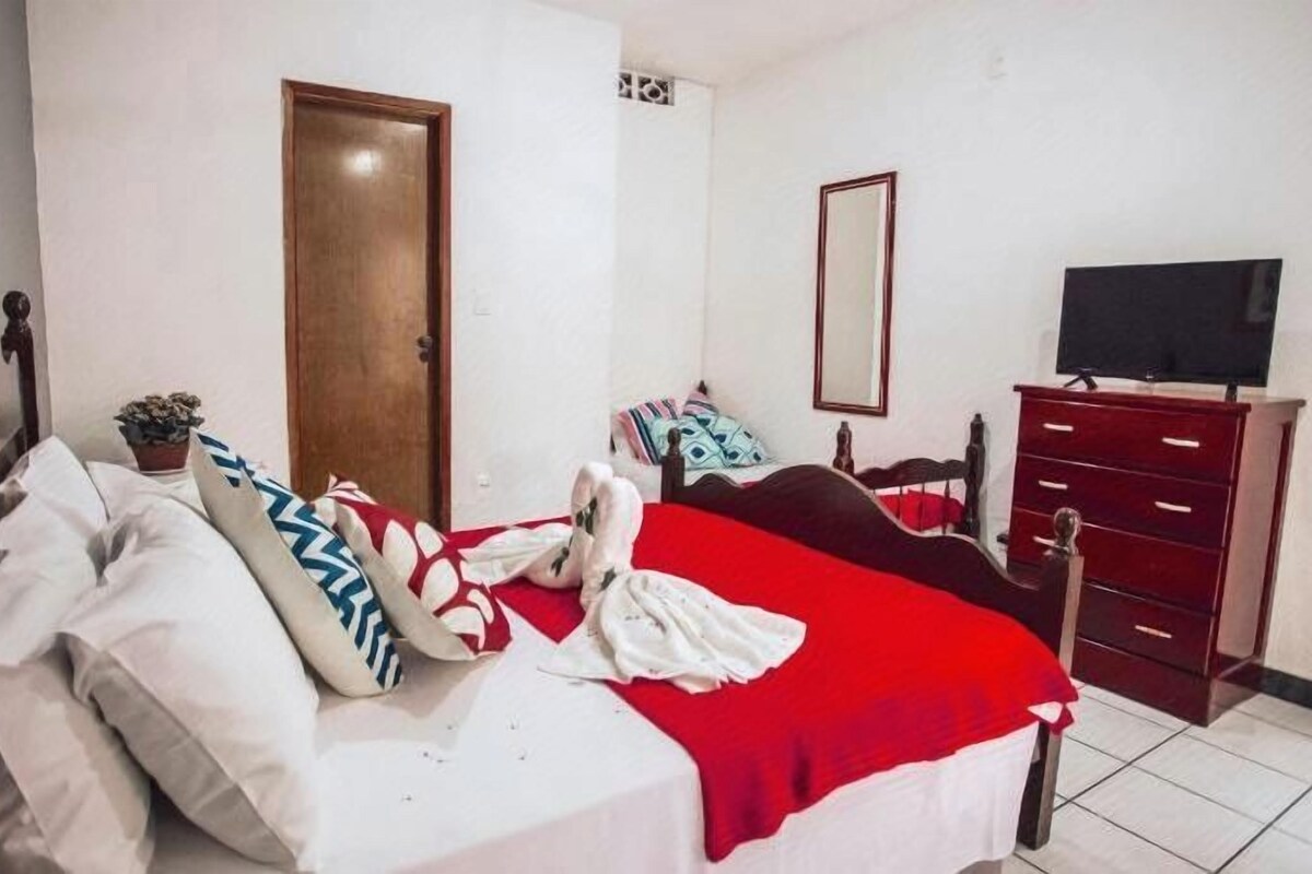 Une chambre à coucher avec un lit, une commode, un téléviseur et une porte.