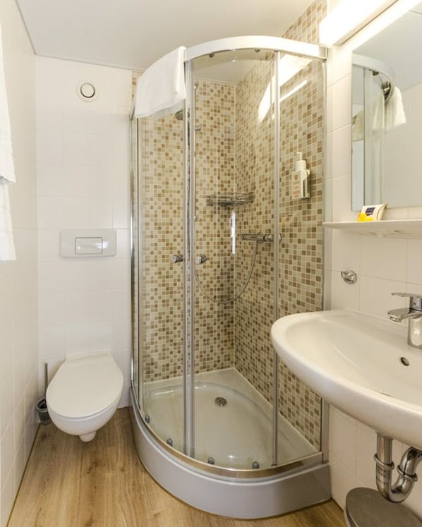 A bathroom with a glass-enclosed shower, a white toilet, and a sink with a mirror above it. - Klosterhotel Wöltingerode (Goslar)