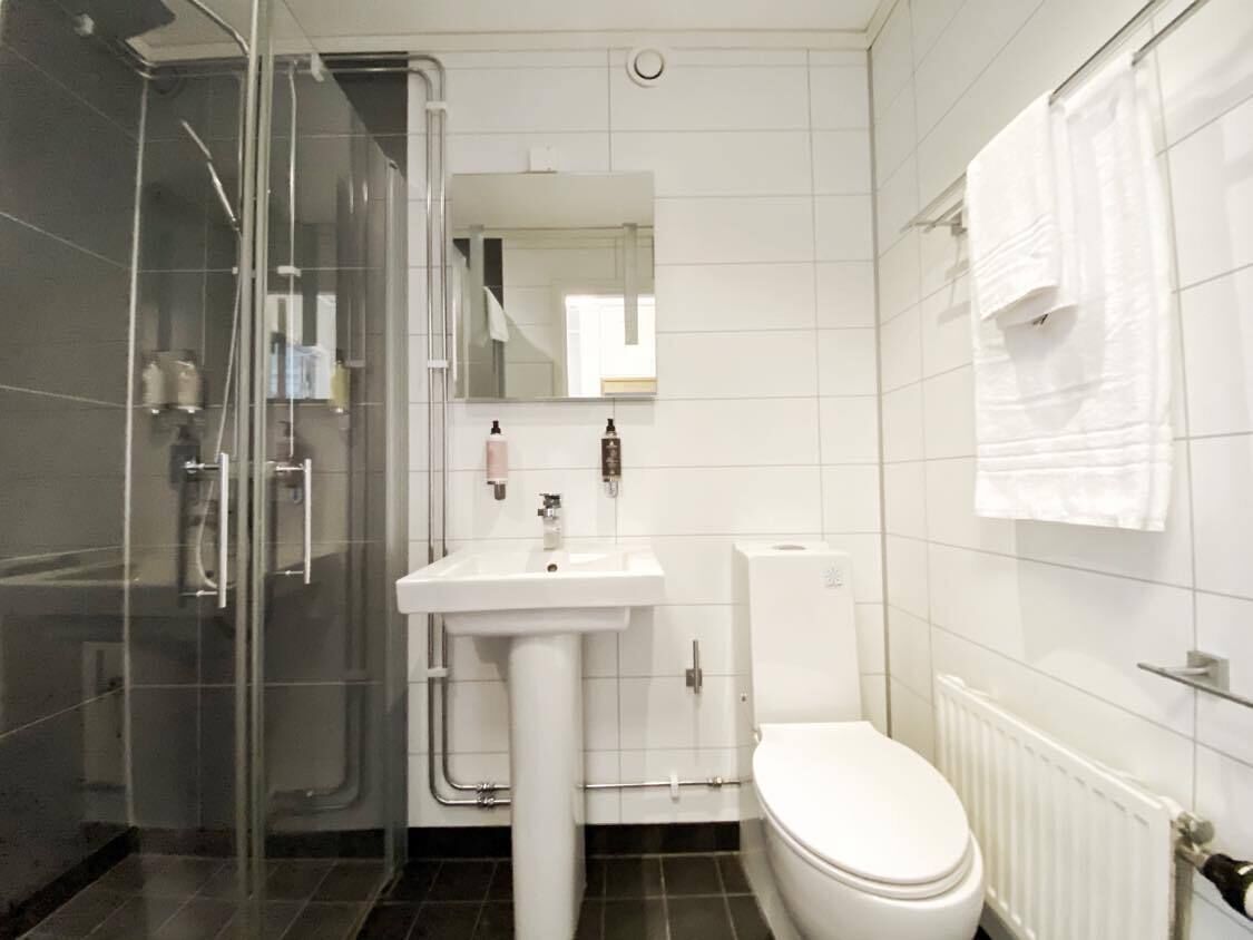 Ett modernt badrum med en duschkabin i glas, en vit tvättställ och en toalett.