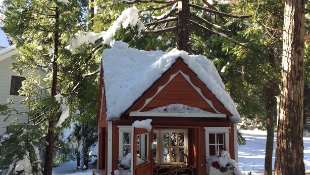 Une petite cabane en bois, dont le toit et les fenêtres sont recouverts de neige, entourée d’arbres et d’un sol enneigé.