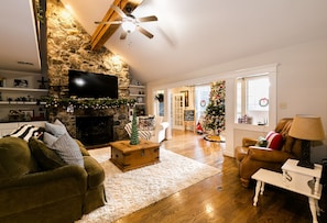 Smart TV, fireplace, video games, DVD player