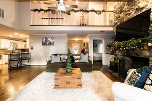 Smart TV, fireplace, video games, DVD player