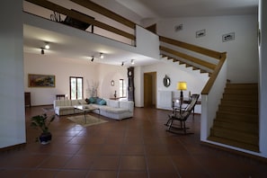 Televisio, takka, kirjoja, työhuone