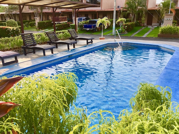 A swimming pool with lounge chairs and a covered area, surrounded by well-maintained landscaping.