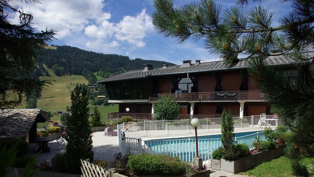 A chalet with a pool, surrounded by greenery and a mountainous backdrop.