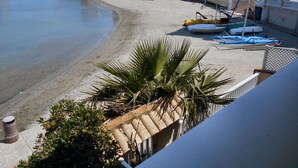 Vista de la playa con arena, una palmera y una hilera de barcos.