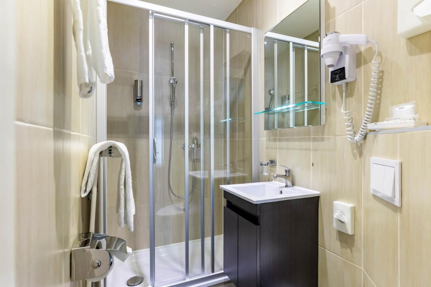 free toiletries, hair dryer, towels