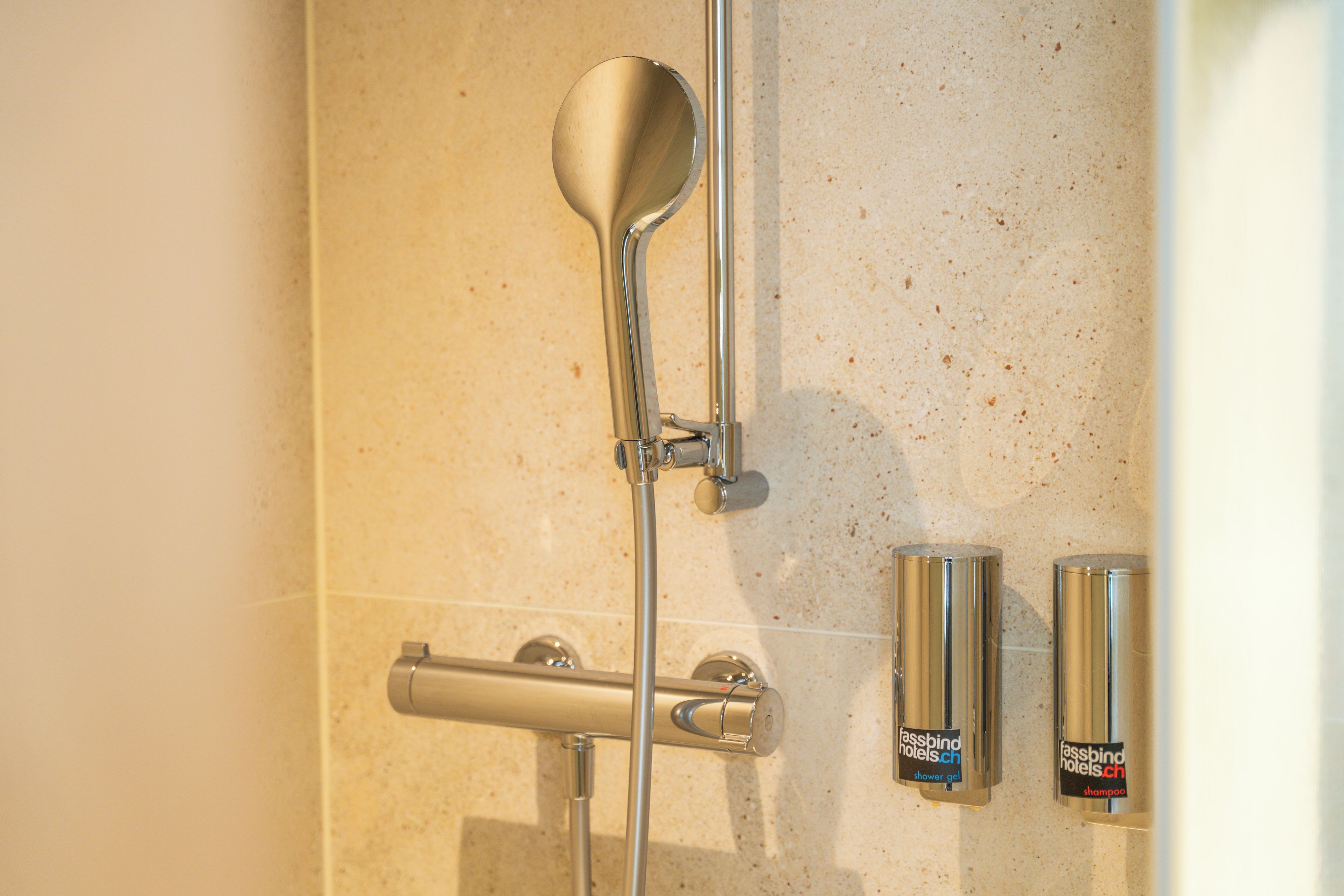 Une douche équipée d’un pommeau de douche à main, d’un robinet de contrôle mural et de deux flacons de gel douche et de shampoing.