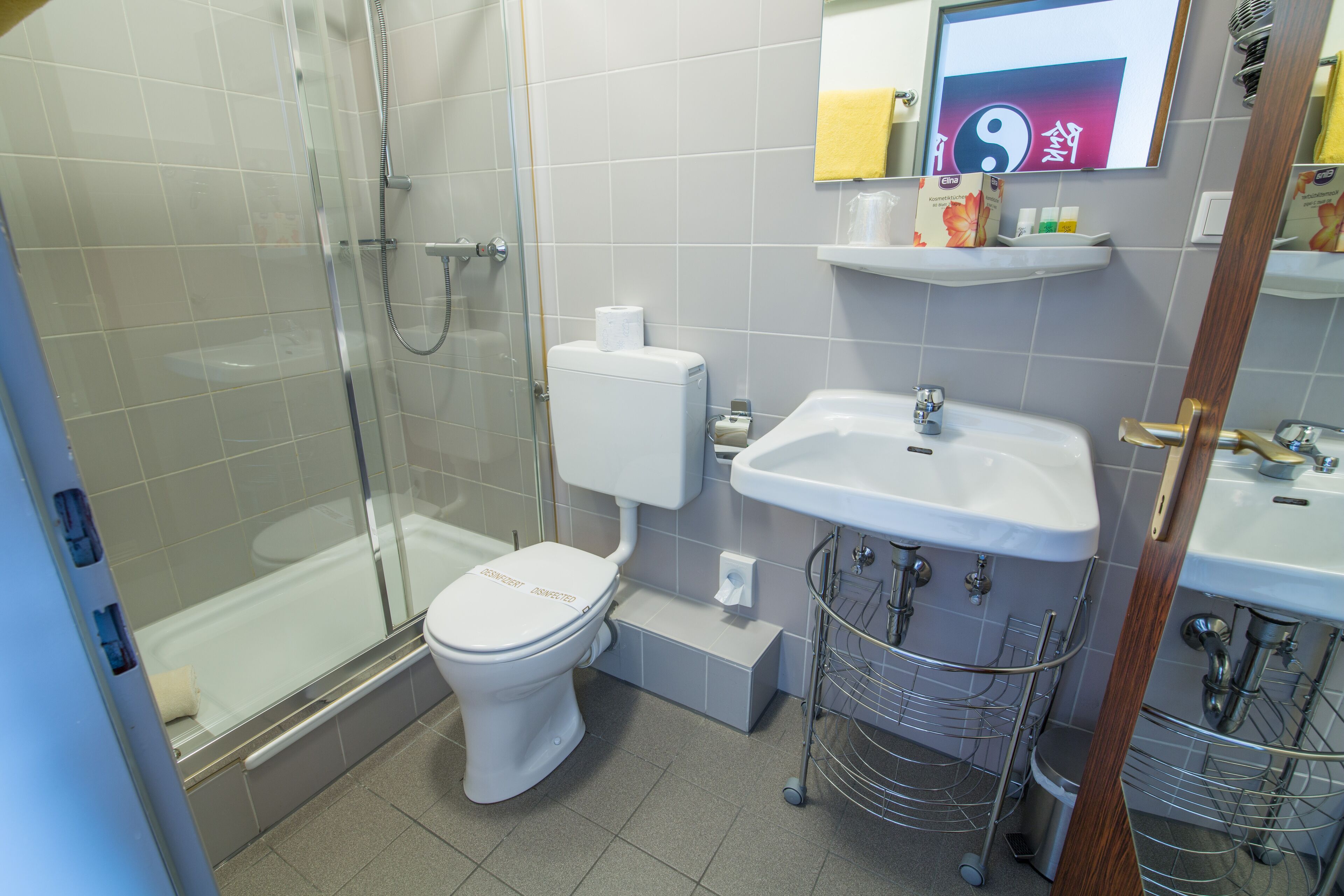 Une salle de bain avec une douche à parois de verre, des toilettes, un lavabo et un miroir.