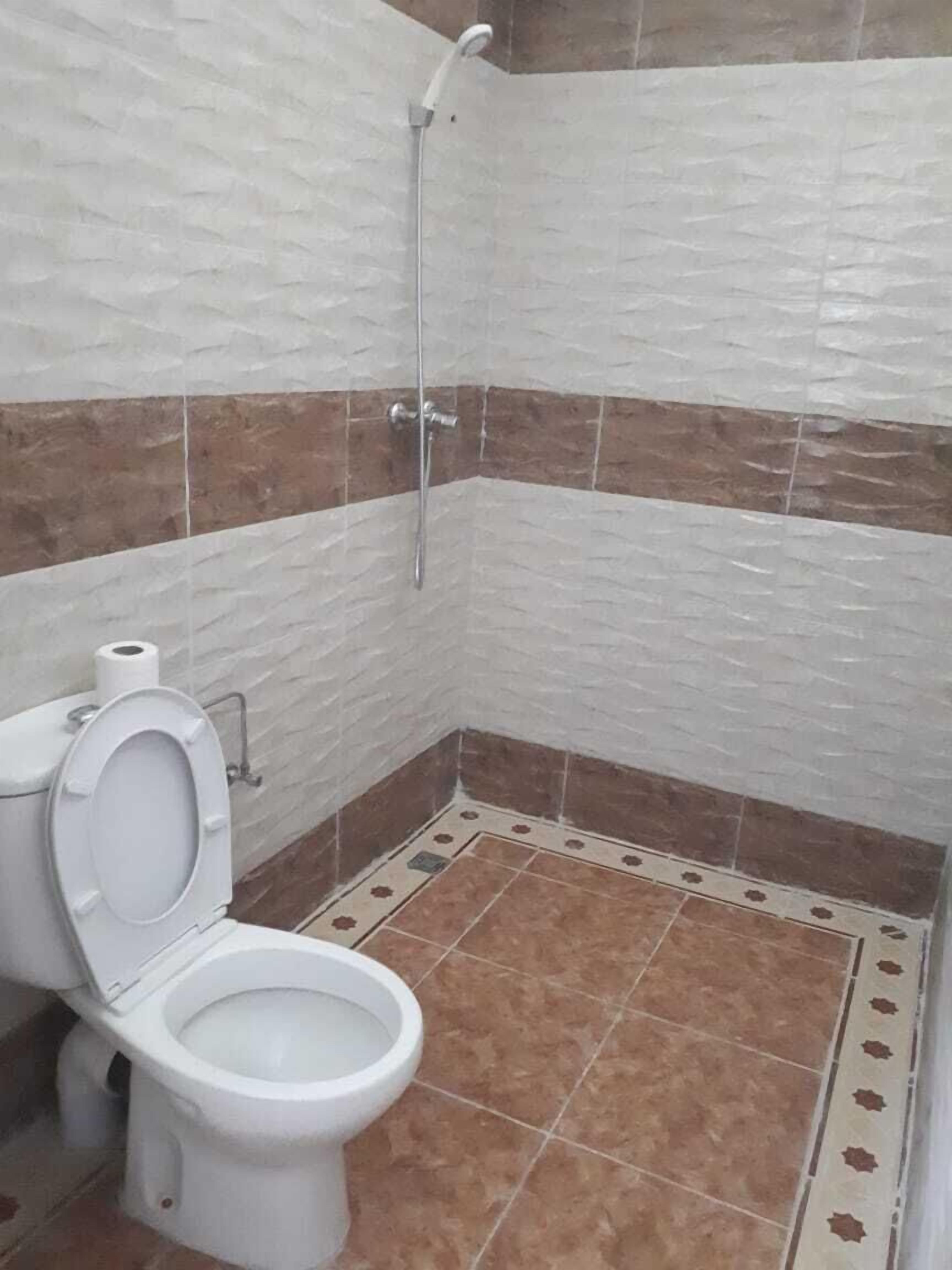 A small bathroom with a toilet, a shower, and tiled walls.