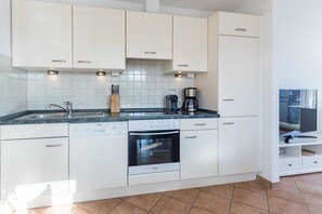 Fridge, microwave, dishwasher, coffee/tea maker
