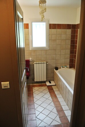 Bathtub, hair dryer, towels, toilet paper