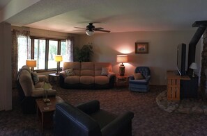 TV, fireplace, DVD player, books
