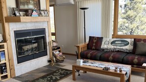 A cozy living room with a fireplace, a sofa, a coffee table, and a bookshelf. - Views for Days Mountain Retreat.  License#6025  (Estes Park)