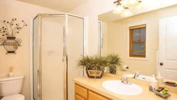 Combined shower/tub, hair dryer, towels