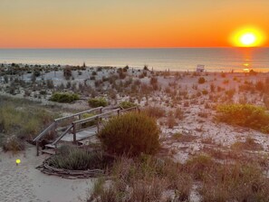 A beach with a wooden walkway leading to a sandy area with sparse vegetation.
