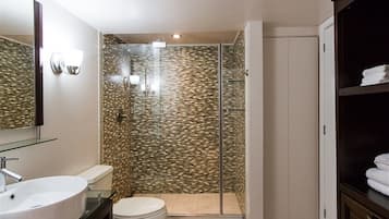 Combined shower/tub, jetted tub, hair dryer, towels