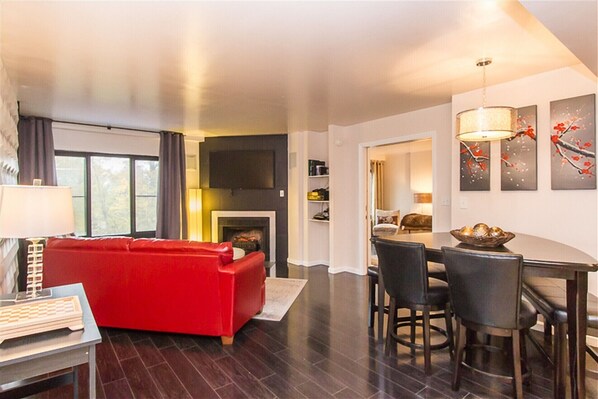 Smart TV, fireplace, video games, DVD player