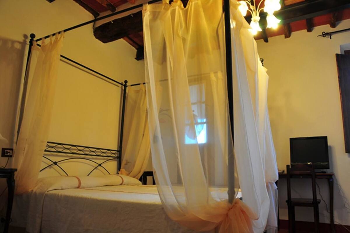 A four-poster bed with sheer curtains, a television on a stand, and a window with natural light.