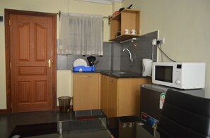 Compact kitchen area with sink, microwave, and shelf.