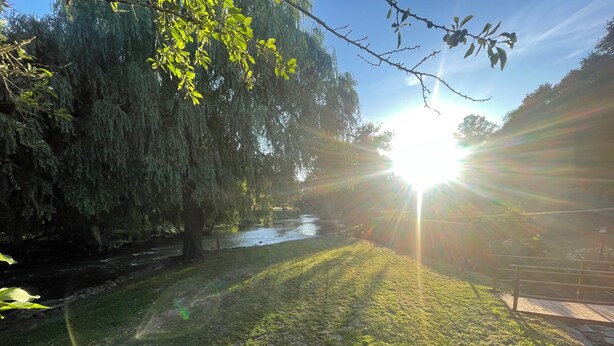 A river with a grassy bank, trees, and a wooden deck. - Le Gite D'Ile (1 Bedroom, Sleeps 2) (Souleuvre En Bocage)