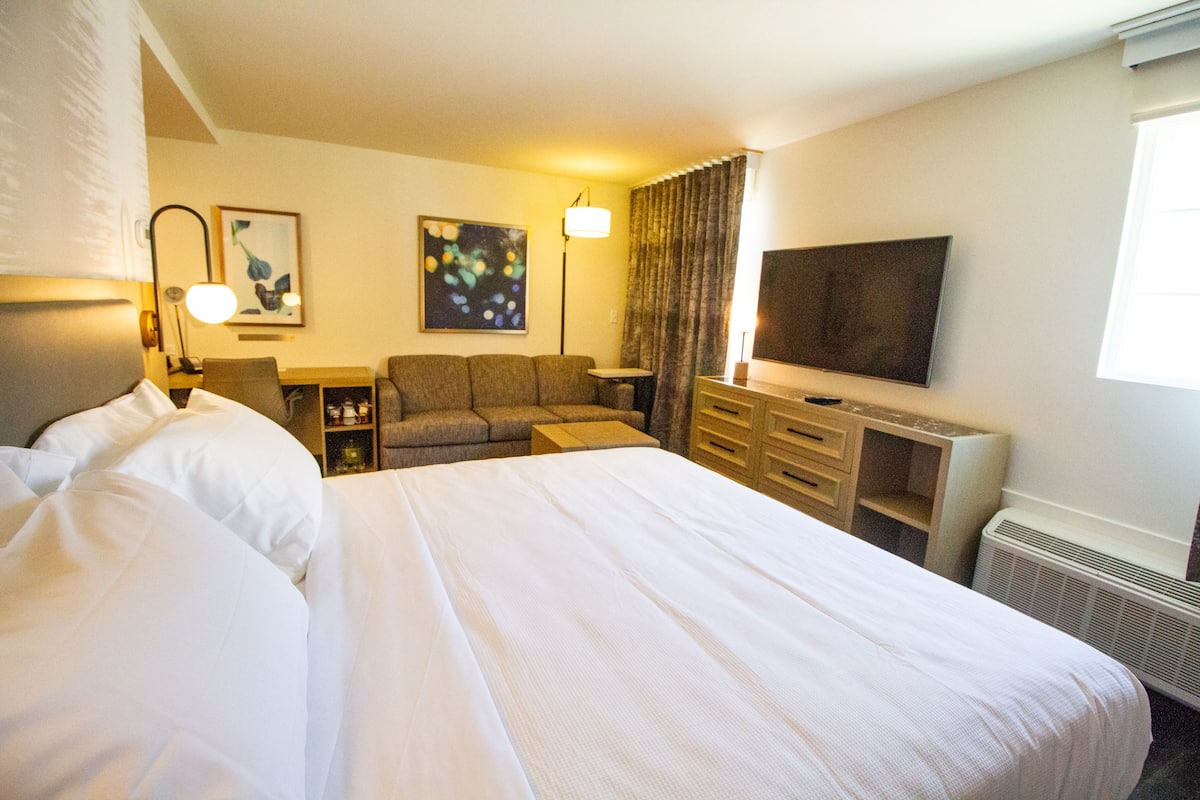 Quarto de hotel com uma cama grande, um sofá, uma escrivaninha e uma televisão de tela plana, além de uma luminária.