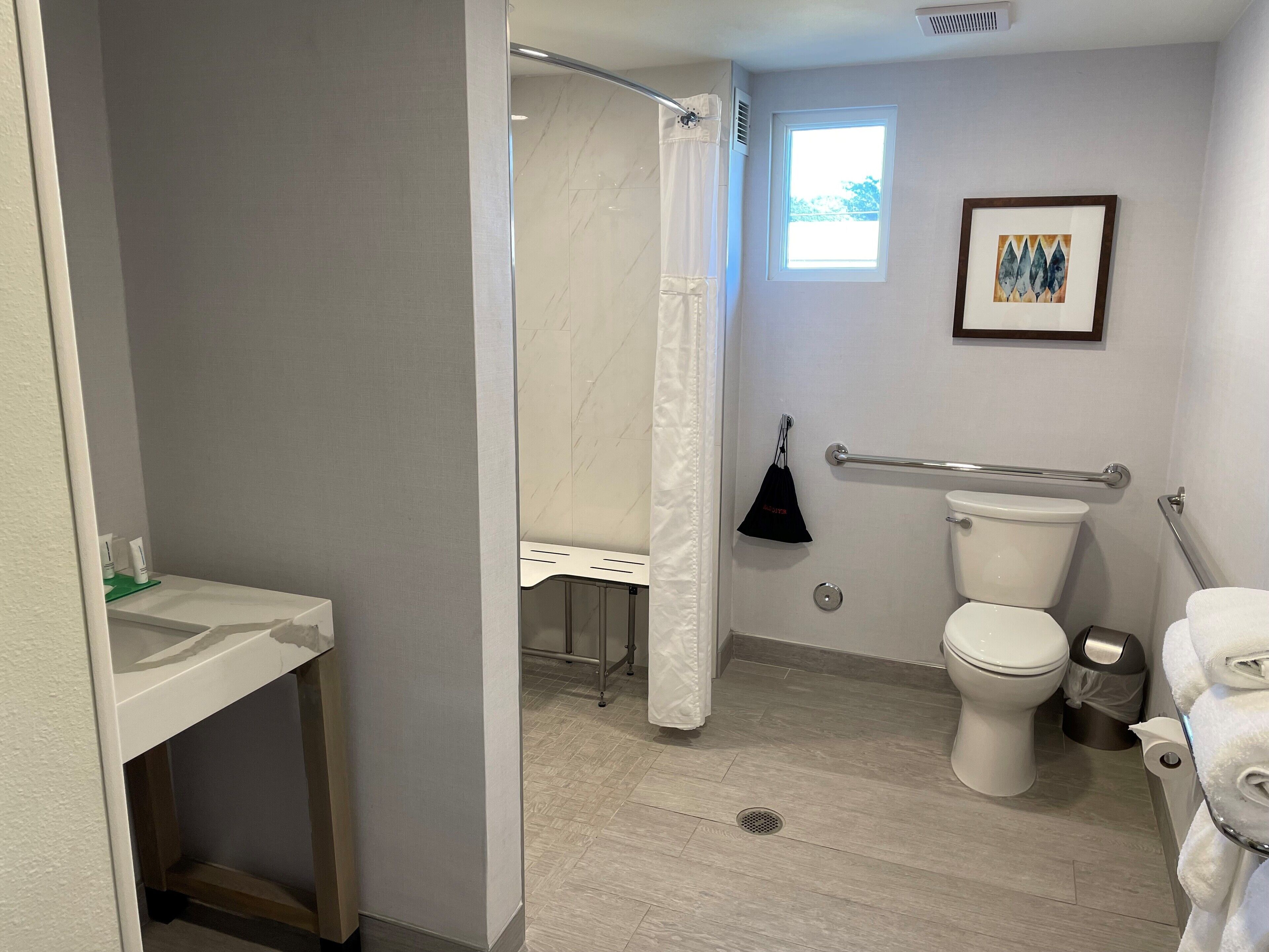 Un baño con inodoro, bidé, ducha y un lavamanos pequeño.