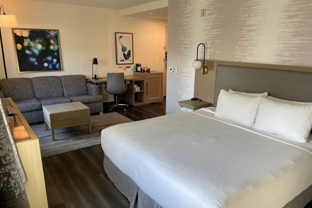 Quarto de hotel com uma cama grande, um sofá, uma escrivaninha e uma cadeira. Há quadros nas paredes e um abajur.