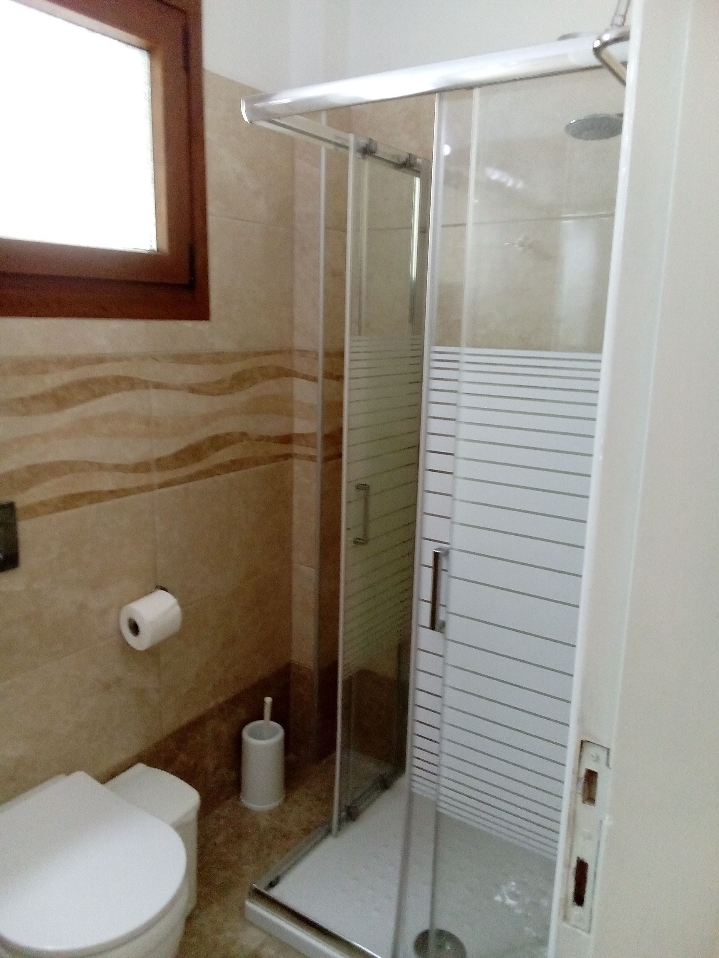 A bathroom with a glass-enclosed shower, a toilet, and a toilet paper holder.
