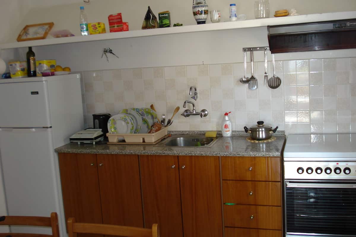 Economy Apartment | Private kitchen | Fridge, stovetop, electric kettle, cookware/dishes/utensils