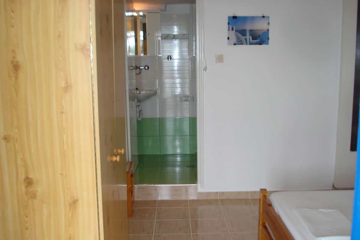 A bedroom with a wooden bed, a green and white tiled bathroom, and a small painting on the wall.