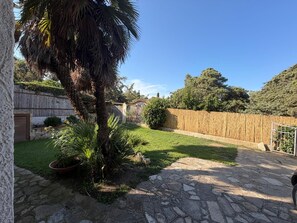 Une terrasse dallée de pierres, agrémentée d’un palmier et d’une clôture en bois.