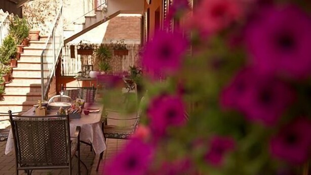 Un patio con mesa y sillas, una escalera y plantas en macetas.