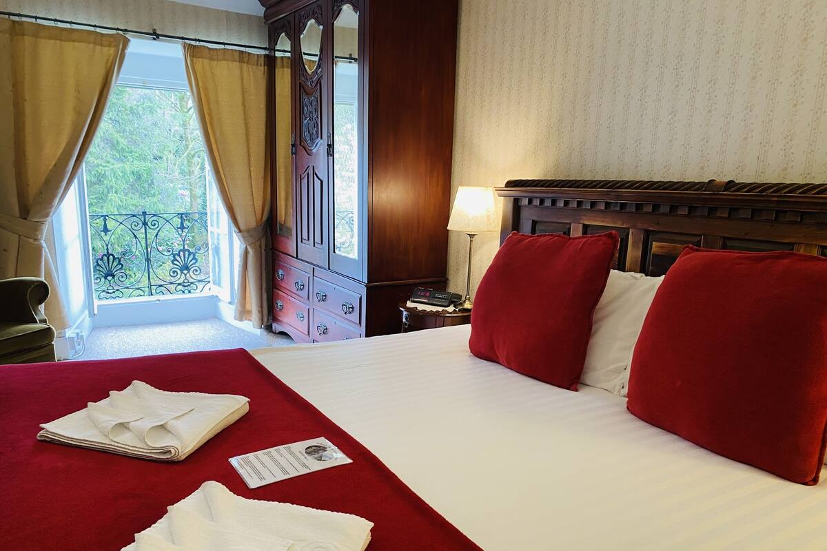 A hotel room with a large bed, red pillows, a wooden headboard, a nightstand with a lamp, and a view of greenery through the window.