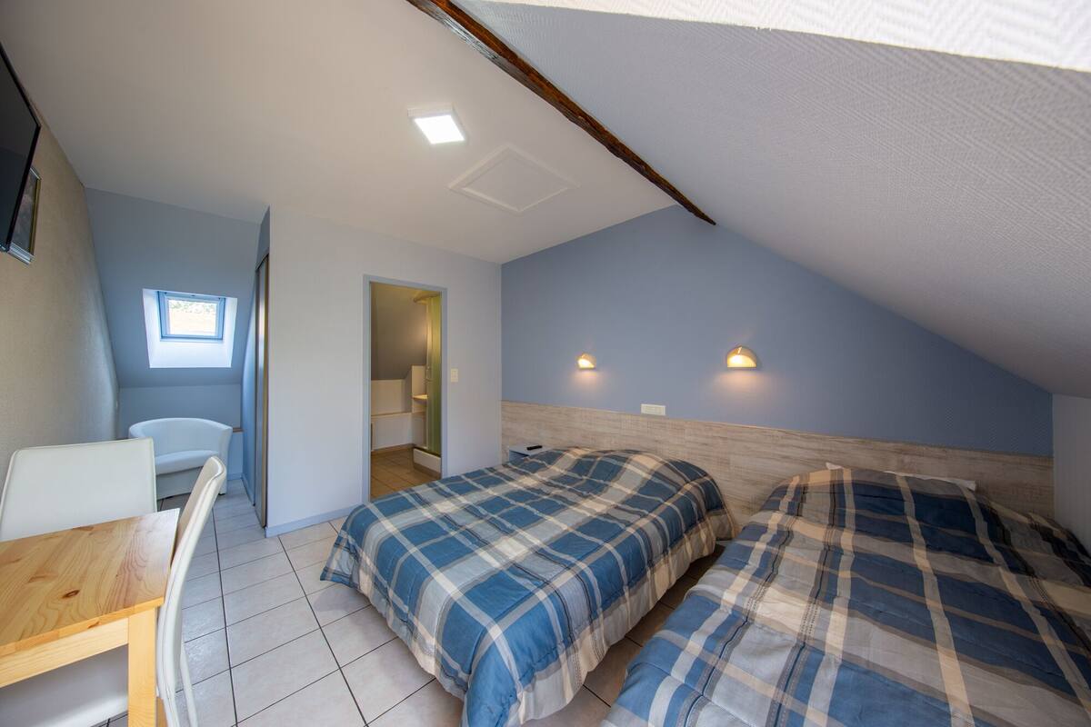 A small, cozy room with two beds, a desk, and a chair. There is a skylight and a door leading to another room.