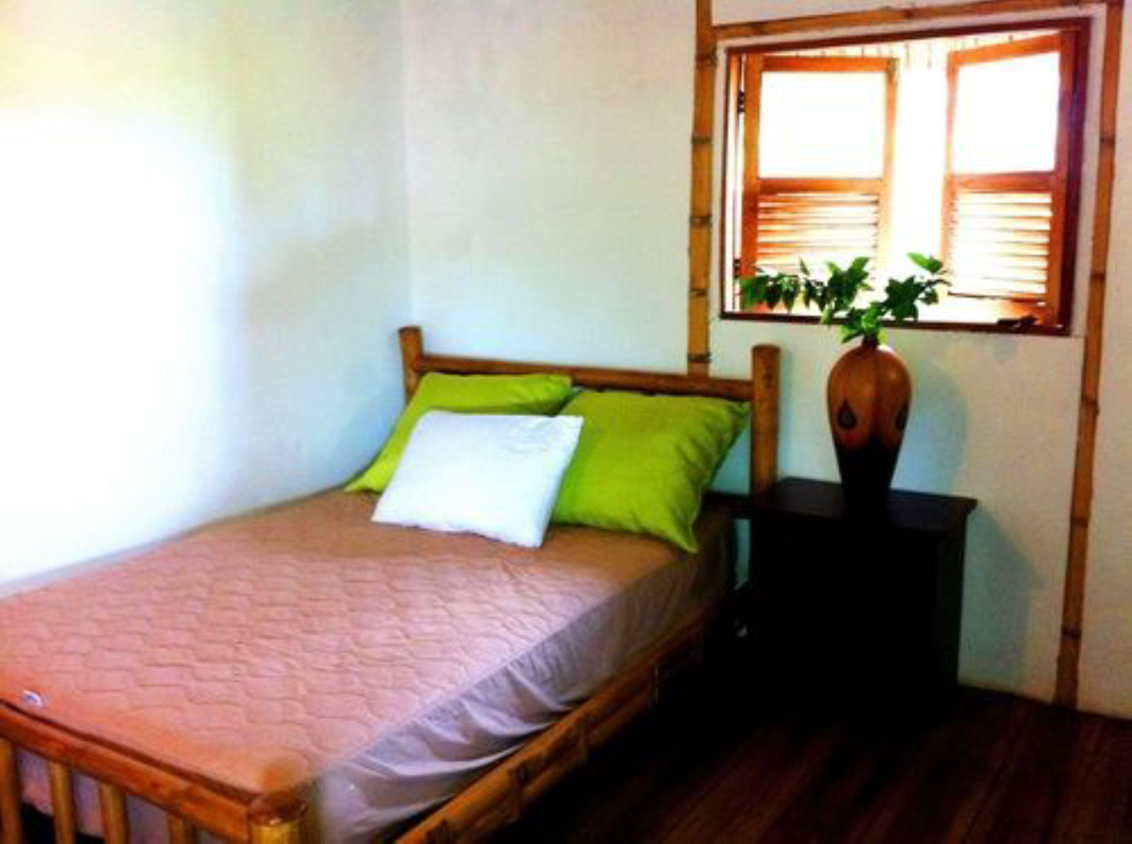 Een enkel bed met houten frame, een groen-wit kussen en een kleine plant in een potje op een nachtkastje.