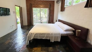 Une chambre à coucher avec un lit, une télévision, une fenêtre et une porte.