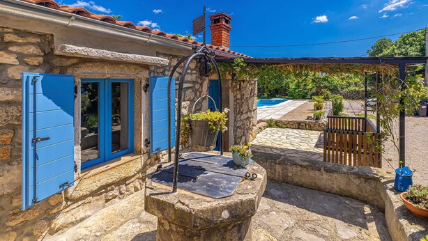 A stone building with blue shutters, a chimney, and a small garden area with a pool and potted plants. - Rustic holiday house DEPOPE with private pool (Skrpčići)