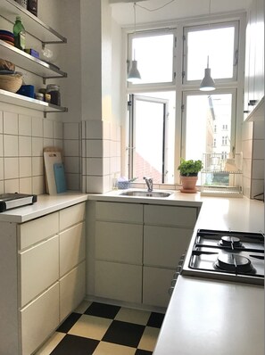 Fridge, oven, stovetop, coffee/tea maker