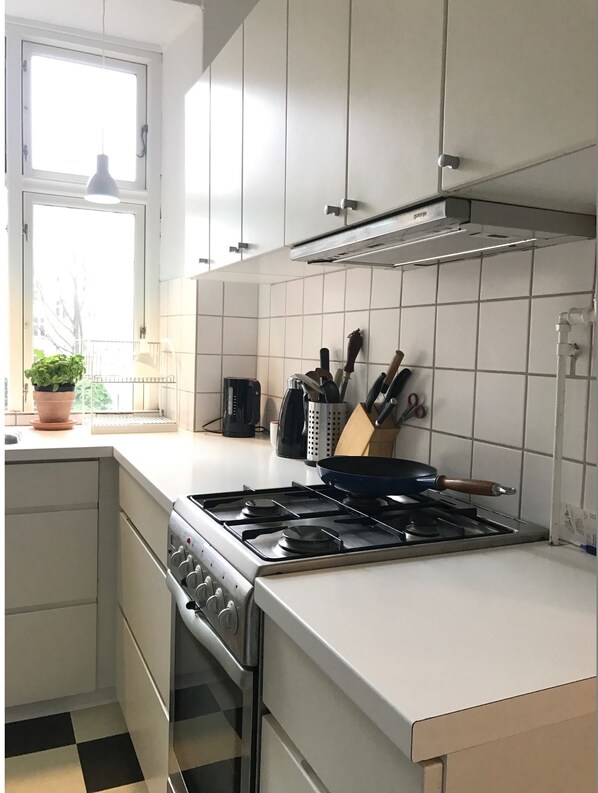 Køleskab, ovn, kogeplade, kaffe-/temaskine