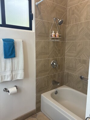 Combined shower/tub, hair dryer, towels, toilet paper