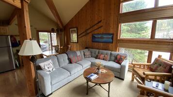 Smart TV, fireplace, DVD player, books