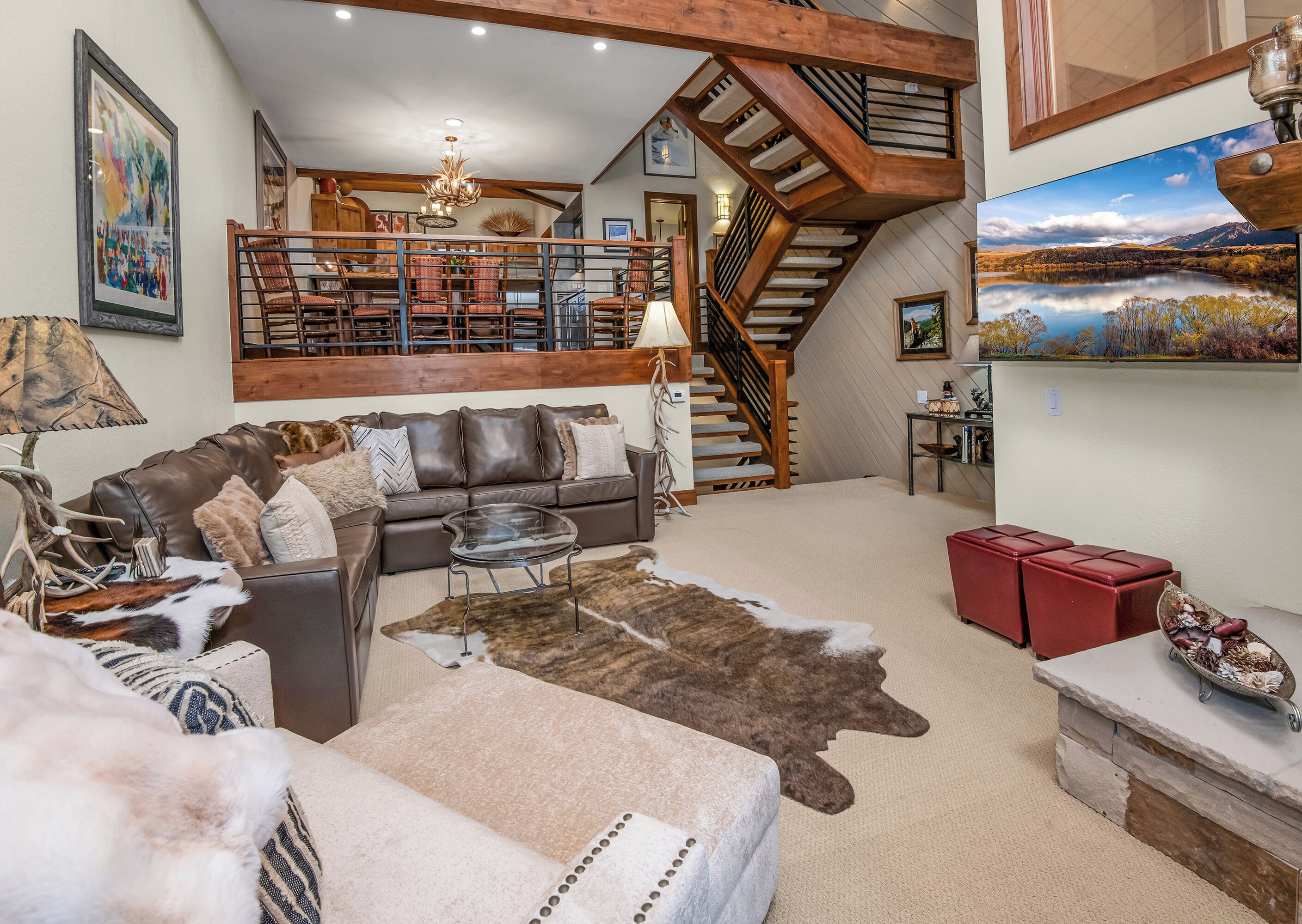 TV connectée, cheminée, lecteur de DVD, livres